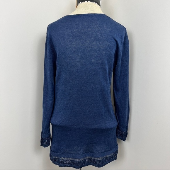 ALBERTOBINI Blue Linen Long Sleeve V Neck Top (165) - Picture 5 of 8